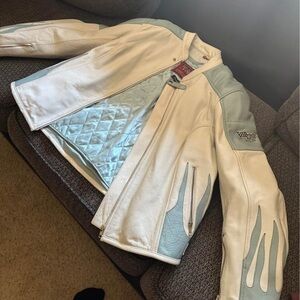 White and Light Blue Leather Jacket